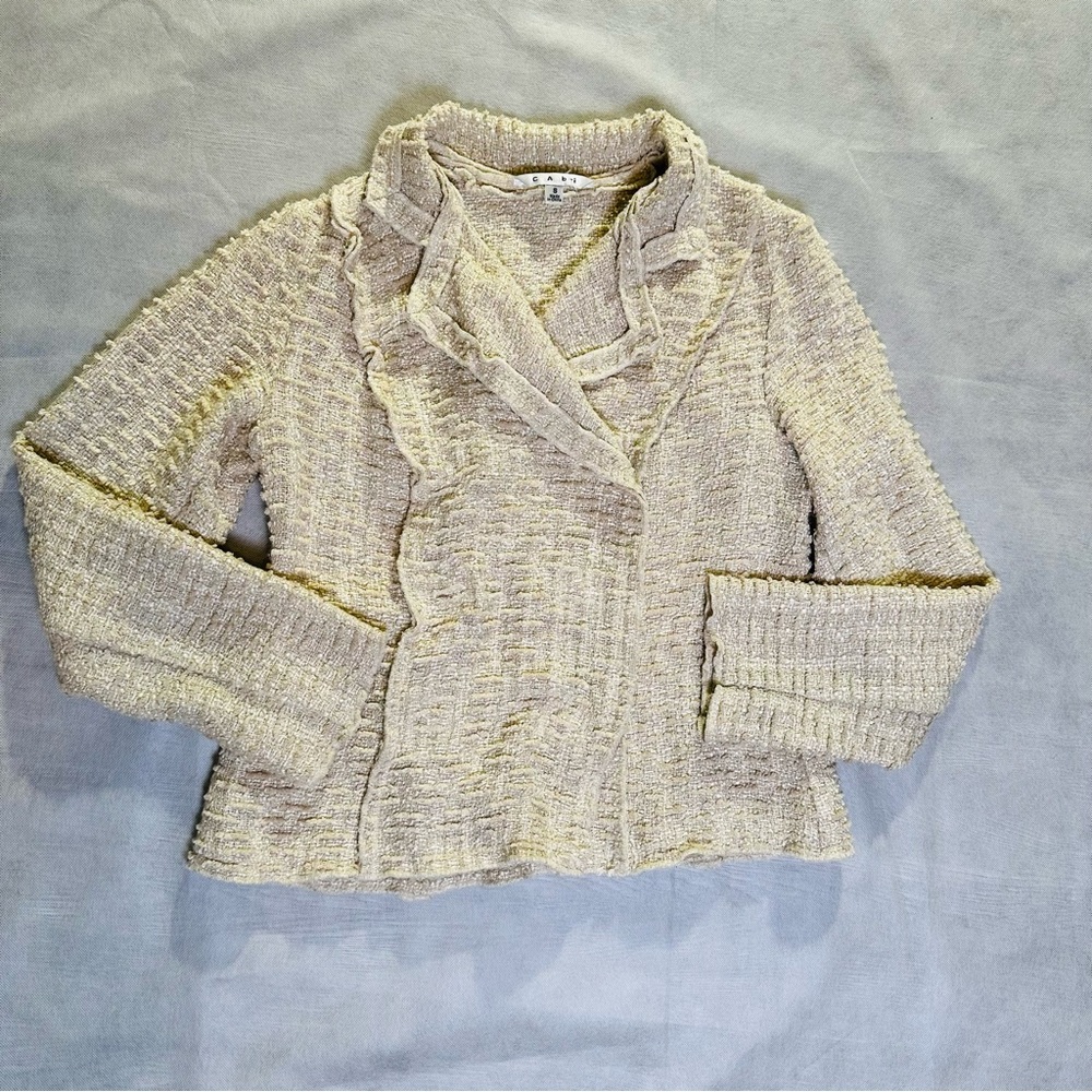 CAbi Chenille Tweed Knit Double Breast Blazer women SMALL S~oatmeal, chunky snap